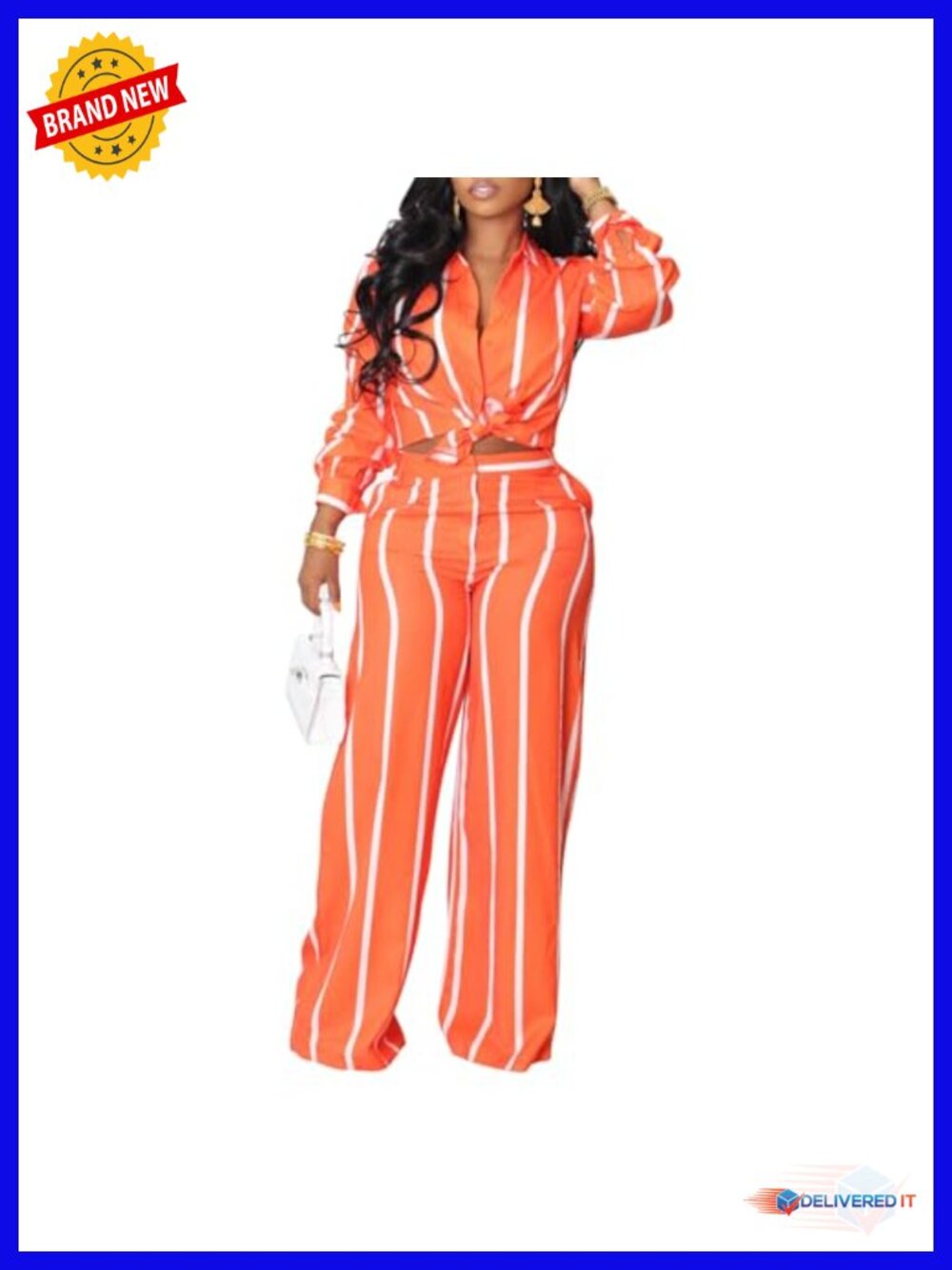 Women's Stripe Long Sleeve Button Down Shirt and Wide Leg Pants Set with Pockets